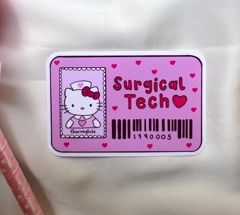 Insignia de enfermero/a registrado/a (RN BSN / ADN) con pegatina de Hello Kitty / Técnico/a quirúrgico/a Surgical Tech