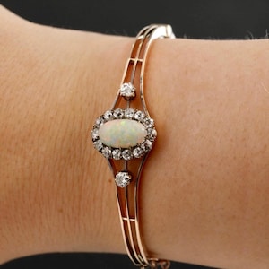 Brazalete antiguo de oro de 12 quilates, ópalo y diamante de talla antigua - 15,5 cm