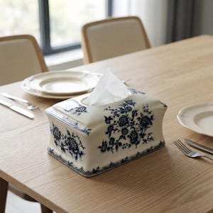 May include: A rectangular tissue box cover with a cream-coloured base and a dark blue floral pattern. The design features detailed botanical illustrations of flowers and leaves, with a decorative lace-like border along the bottom edge.