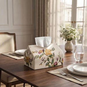 Könnte beinhalten: Ein rechteckiger, cremefarbener Taschentuchbox-Bezug in Hausform mit spitzem Dach. Die Außenseite ist mit einem farbenfrohen botanischen Druck versehen, der gelbe, rosa und violette Blumen sowie grüne Blätter und dünne braune Stängel zeigt.