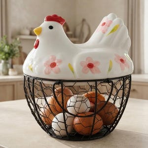 May include: A white ceramic chicken-shaped lid with a red comb, yellow beak, and pink floral accents sits atop a black wire mesh basket filled with several brown and white eggs. The basket has a rounded shape and a sturdy metal wire construction.