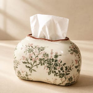 Könnte beinhalten: Ein ovaler Taschentuchbox-Halter aus Keramik mit cremefarbener Basis und einem zarten botanischen Druck aus grünen Blättern und kleinen rosa Blüten. Der obere Rand ist mit einer dünnen braunen Linie versehen, ein weißes Tuch ragt heraus.