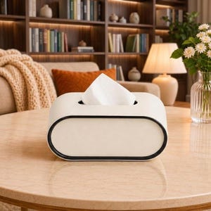 Puede incluir: Una caja para pañuelos de forma ovalada con un exterior liso de color blanco roto y un borde negro en contraste. Un pañuelo blanco individual sobresale a través de la abertura rectangular en la parte superior del recipiente sobre una mesa.