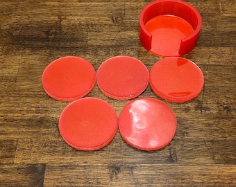 Vintage Red Resin Drink Coasters with Caddy, Set of 5, Mid Century Modern Barware, Candy Red Table Coasters