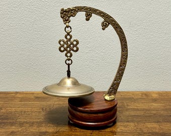 Vintage Brass Meditation Gong with Carved Wood Base, Hanging Desk Gong, Zen Decor, Small Altar Gong, Chime Bell Accent