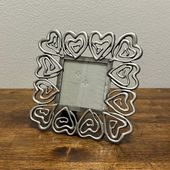 Vintage Heart Photo Frame, Pewter Tone Openwork Hearts, 3x3 Picture Frame, Romantic Valentine Decor, Wedding Gift, Love Theme Frame