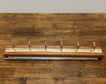 Vintage verschuifbaar stropdasrek, opberger voor hout en messing, uittrekbare kast, sjaalhouder, MCM-opberger