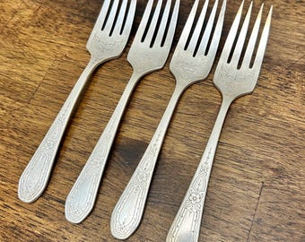 Vintage Oneida Paul Revere Salad Forks Set of 4, Silverplate 1927 Floral Flatware, Replacement Forks