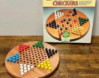 Vintage Pavilion Chinese Checkers Game, Solid Wood Board with Box, Incomplete 59 Pegs, One Blue Missing, Retro Family Game