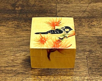 Vintage Hand bemalt Bambus Ring Box, Vogel & Blumen Trinket Box, Bambus Schmuckschatulle, Volkskunst Aufbewahrungsbox
