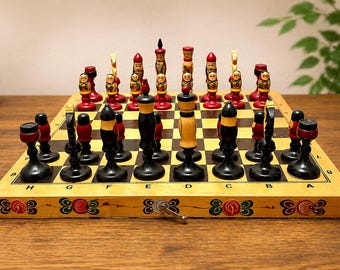 Vintage Hand Painted Wooden Chess Set, Russian Folk Art Semyonov Style, USSR Matryoshka Character Pieces, Folding Board Game