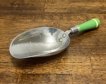 Vintage A & J 1/4 Cup Measuring Scoop, Green Handle Chrome Level Full Kitchen Scoop, USA Farmhouse Kitchen Tool