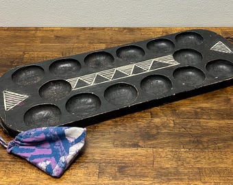 Vintage Mancala Board Game, Hand Carved Ghana Wood Board, Geometric Design, African Decor, Large Wood Game Board Only