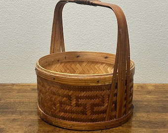 Cesta de bambú tejida vintage con asa, cesta de almacenamiento rústica de estilo rústico, cesta de decoración bohemia.
