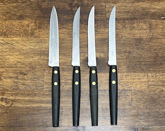 Vintage Robinson Hollow Ground Stainless Steel Steak Knives, Black Composite Handles with Brass Rivets, Set of 4