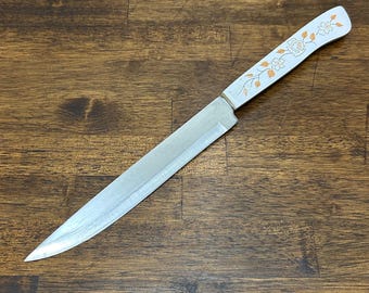 Cuchillo de trinchar japonés antiguo para el hogar, cuchillo de acero inoxidable para rebanar con mango floral naranja.