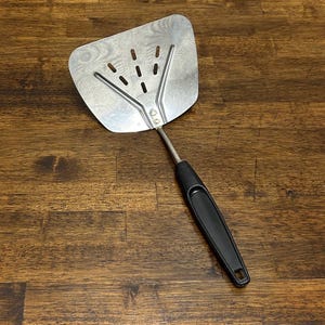 Foley Vintage Large Slotted Spatula with Black Handle - Mid-Century Stainless Cookware