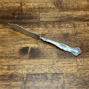 Puede incluir: Un cuchillo de mantequilla de metal plateado con una hoja curva y puntiaguda y un mango decorativo. El mango presenta un intrincado patrón en relieve de racimos de uvas y hojas, con una sección de metal retorcido que conecta el mango con la hoja.