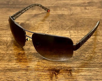 Vintage Michele Coral Reef Sunglasses, Brown Gradient Semi Rimless Shades, Etched Geometric Metal Frames, Y2K Eyewear