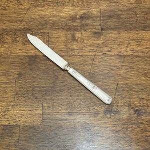 May include: A silver-toned metal butter knife featuring a pointed blade and a handle decorated with an embossed floral pattern. The handle includes a smooth, oval-shaped central panel and intricate scrollwork details along the edges.