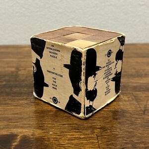 ヴィンテージ木製パズルキューブ、1968年製、連結式木製知育玩具、Skor-Mor社製魅力的なキューブ、オリジナルボックスと説明書付き