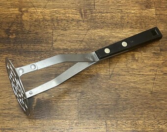 Vintage Household Potato Masher, Stainless Steel USA Kitchen Tool, Black Handle Utensil