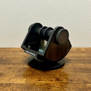 Vintage Rolodex Swivel File SW-24, 1980s Mod Turnstile Card Organizer, Black & Faux Wood Desk Address Holder