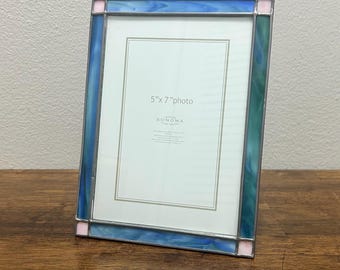 Vintage Fetco Stained Glass 5x7 Picture Frame, Blue Green Art Glass Photo Frame, Mission Style Tabletop Frame
