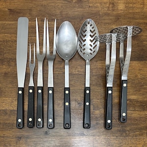 Ekco Flint Vintage Black Composite Handle Flex Spatula, Carving Fork, Basting Spoon, Pierced Spoon or Potato Masher, You Choose