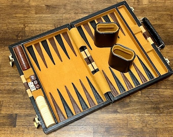 Vintage Travel Backgammon Set, Black Faux Leather Briefcase Game Case, Complete Board Game with Dice Cups & Doubling Cube, Portable Game