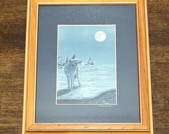 Grabado antiguo de lobo, firmado por Robert Tandecki, arte de la vida silvestre del noroeste del Pacífico enmarcado, escena invernal a la luz de la luna.
