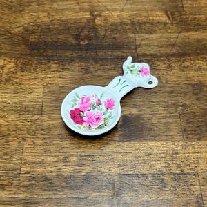 Vintage Lane End Pottery Bone China Spoon Rest, England Pink Rose Tea Bag Holder, Cat Shaped Cottage Decor