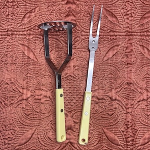 Vintage Ekco Flint Yellow Handle Utensil Set: Potato Masher & Carving Fork