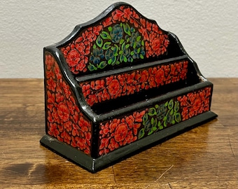 Vintage Hand Painted Wood Letter Holder, Kashmiri Floral Desk Organizer, Indian Folk Art Mail Rack