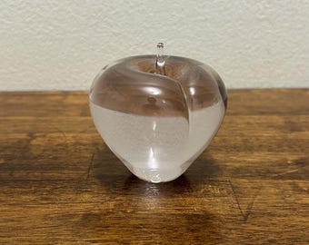 Vintage Glass Apple Paperweight, Wedgwood Clear Crystal Fruit Sculpture, Signed England, 3 Inch