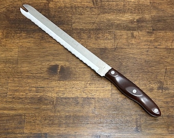 Vintage Wonder Knife broodmes, gekarteld roestvrijstalen keukenmes, bruin handvat