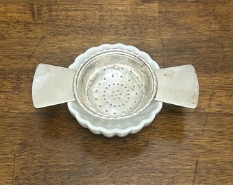 Vintage Silverplate Tea Strainer with Porcelain Rest, Over Cup Loose Leaf Tea Filter, Victorian Style Tea Accessory