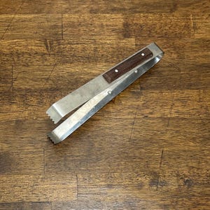 Mid-Century Stainless Steel and Wood Ice/Sugar Tongs: Barware
