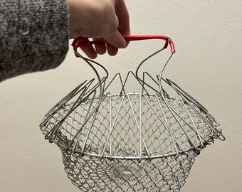 Cesta de huevos plegable de alambre estilo vintage, cesta de reunión plegable de granja, cesta de metal para frutas y verduras, almacenamiento rústico para cocina campestre