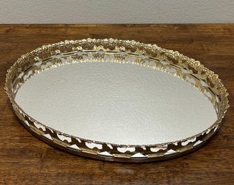 Bandeja de tocador vintage color oro rosa con espejo, bandeja ovalada estilo Hollywood Regency, expositor de perfumes.