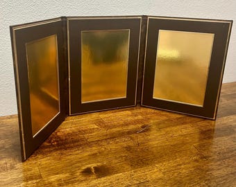 Vintage Triple 5x7 Photo Frame, Folding Brown Faux Leather Picture Frame, Tri Fold Tabletop Frame, Desk Photo Display, Family Photo Holder