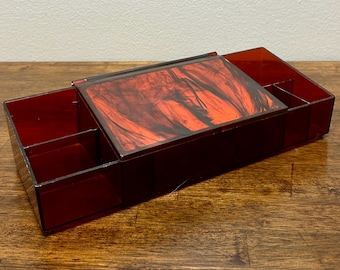 Vintage Faux Tortoiseshell Lucite Vanity Organizer with Mirror, 1970s Acrylic Makeup Storage Box, Hollywood Regency Dresser Decor