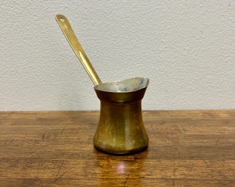 Vintage Brass Turkish Coffee Pot #2, Tin Lined Ibrik with Long Handle, Small Dallah Style Coffee Server