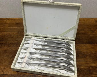 Vintage Steak Knife Set of 6, Stainless Steel Japan, Mid Century Tableware, Faux Snakeskin Case
