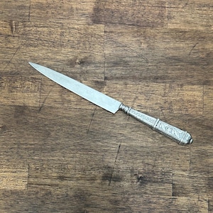Abrecartas vintage plateado/cuchillo gaucho con mango floral, accesorio de oficina moderno de mediados de siglo.