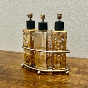 Vintage Perfume Atomizer Set, 3 Gold Mottled Glass Perfume Bottles with Metal Caddy, Hollywood Regency Vanity Decor