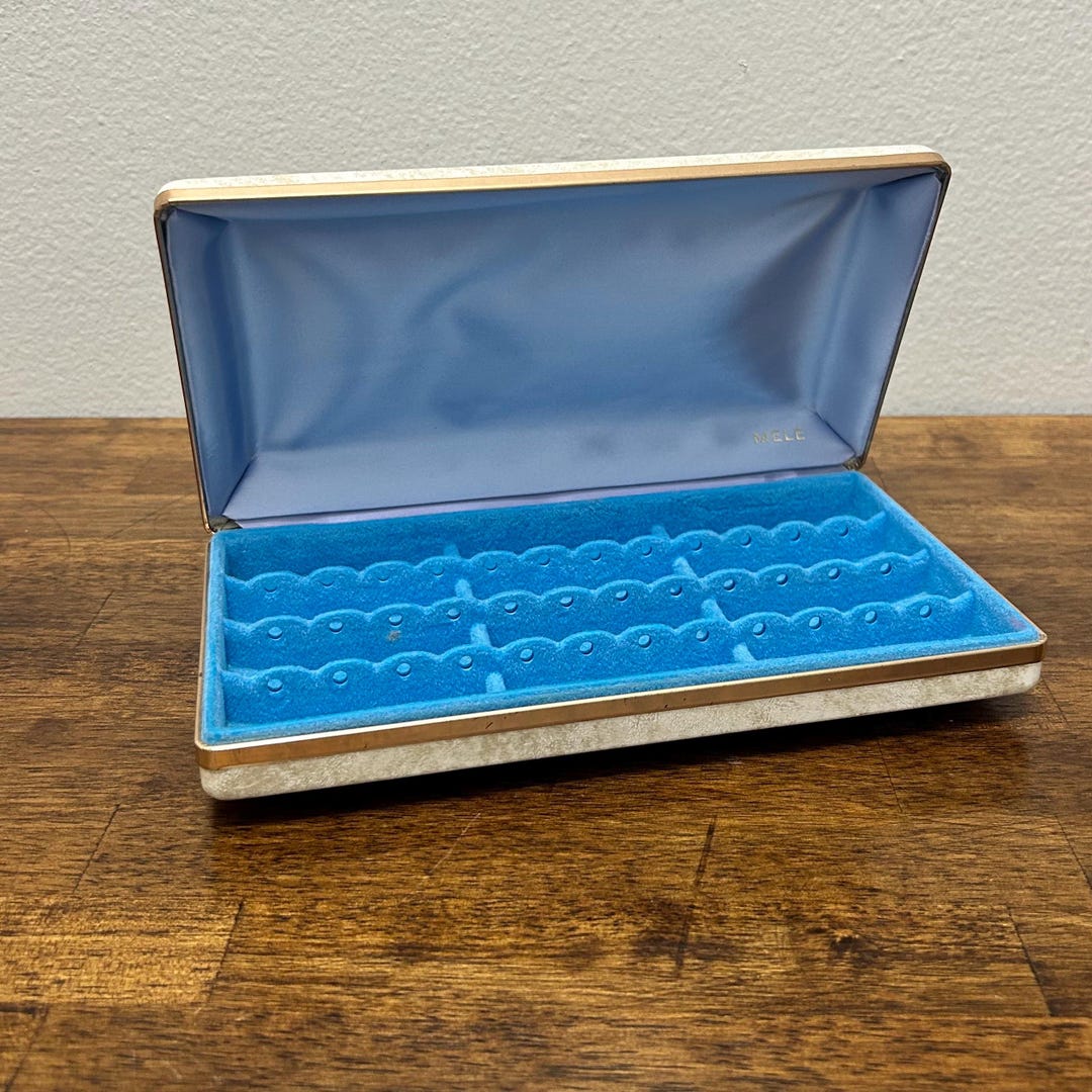Vintage Mele Earring Organizer Case, Blue Velvet Jewelry Box, Gold