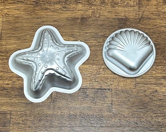 Vintage Aluminum Sea Shell & Starfish Molds, Coastal Beach Kitchen Decor, Jello or Candy Molds