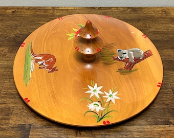 Vassoio da portata vintage australiano in legno, piatto dipinto a mano con canguri e koala, Jean King Novelties Melbourne, porta stuzzicadenti