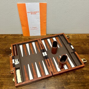 Vintage Travel Backgammon Set in Faux Leather Briefcase Case, Complete Game with Dice Cups & Instructions, Brown and Cream Board